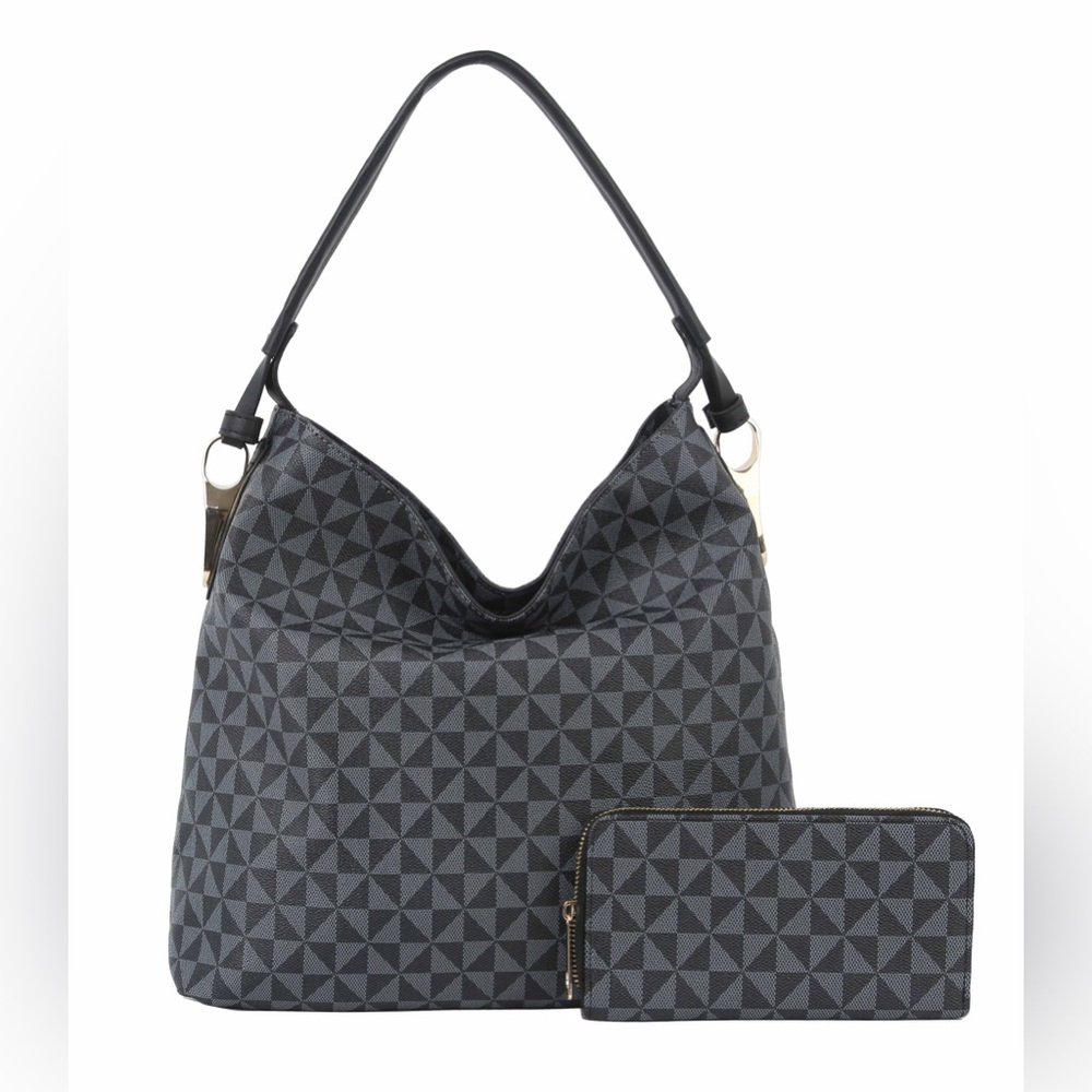 Geometric Pattern Gray Hobo Bag with Matching Wallet